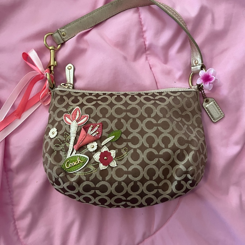 Coach Tan and Pink Floral Shoulder Bag